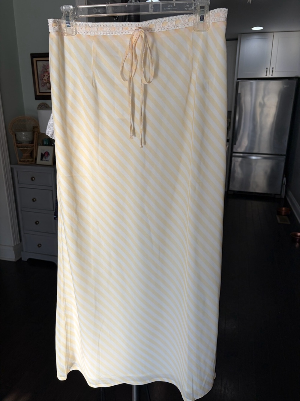 Light Yellow Striped Maxi Skirt with Lace Trim and Drawstring Waist